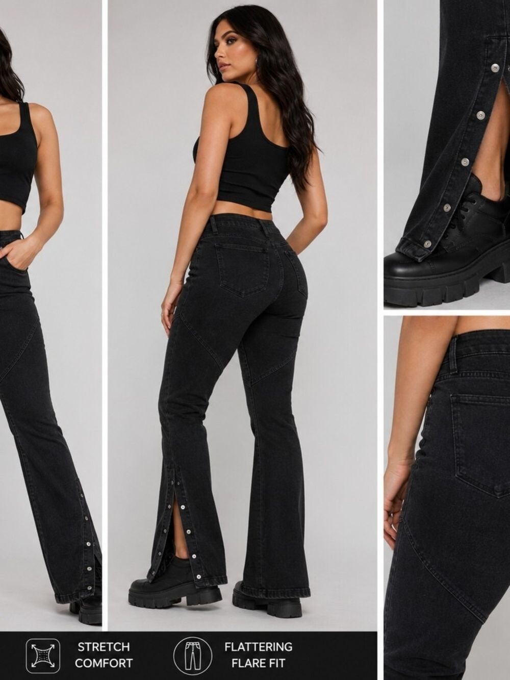 Fashion Nova Size 9 Black Convertible Snap Flare Jeans Stretch Y2K Grunge